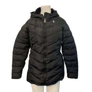 Womens Small Basic Puffer Jacket Warm Lightweight Black Faux Fur Lined Hooded